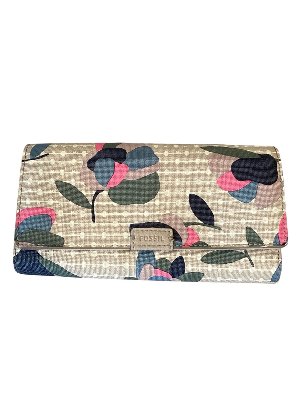 Fossil Emma Bifold Clutch Wallet Retro Floral Print Taupe Pink Blue Green Zip